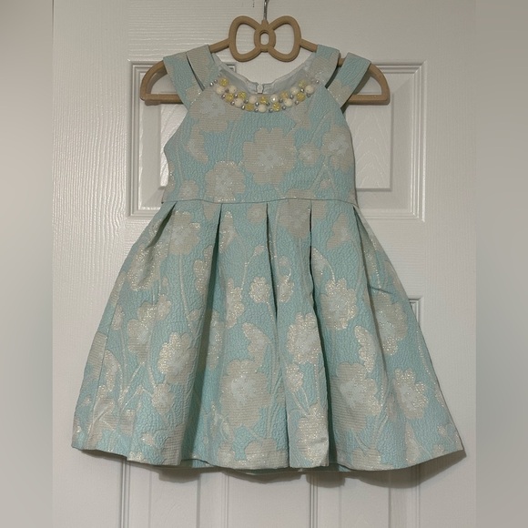Bonnie Jean Toddler Girls Aqua Floral Jacquard Dress with Pearl Accents - Picture 3 of 12